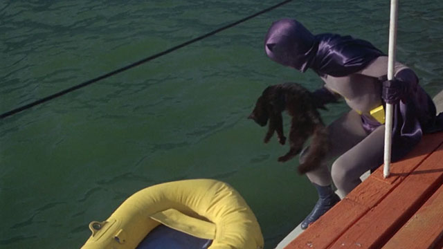 Batman the Movie - Batman Adam West dropping black cat Hecate down into rubber raft