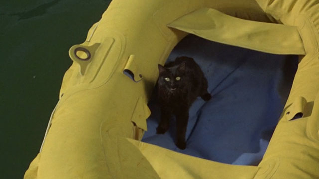 Batman the Movie - black cat Hecate standing in rubber raft