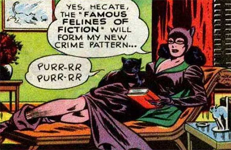 Batman the Movie - comic book panel of Catwoman holding black cat Hecate