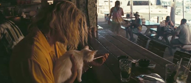 The Beach Bum - Moondog Matthew McConaughey at outdoor bar with tiny white kitten