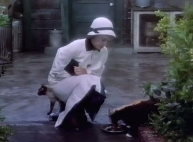 Beau James - Betty Compton Vera Miles feeding tuxedo, tabby and Siamese cats