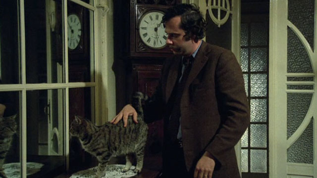 Belle - Mathieu Jean-Luc Bideau petting brown tabby cat Juliette on table