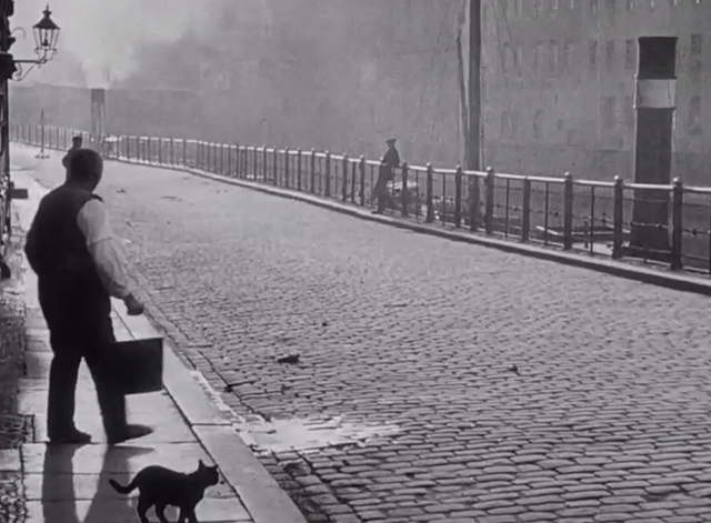 Berlin: Symphony of a Great City - black cat on sidewalk in front of man with bucket