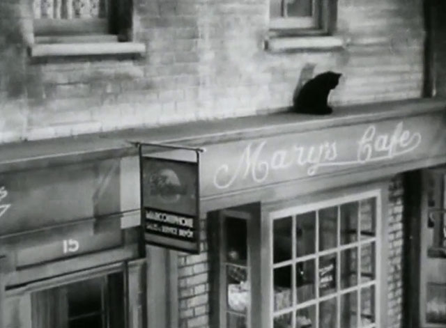Big Ben Calling - Radio Pirates - black cat sitting on ledge above shop