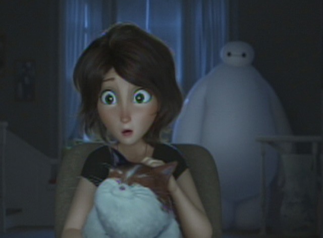 Big Hero 6 - bobtail cat Mochi being petted by Aunt Cass as she watches movie