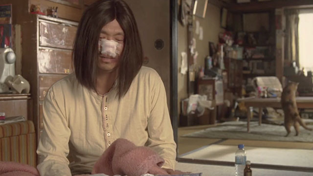 Big Man Japan - bandaged Masura Big Man Hitoshi Matsumoto with torbie cat in background