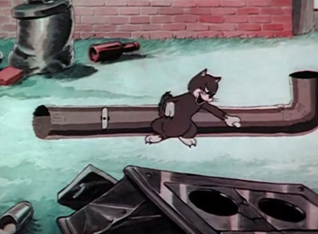 Billboard Frolics - hungry gray cat trapping dog in large pipe