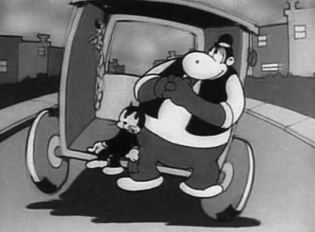 Bimbo's Express - cartoon black cat and Harold Hippo on back of wagon