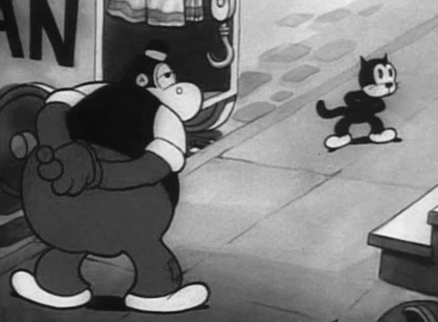 Bimbo's Express - cartoon black cat and Harold Hippo standing on sidewalk