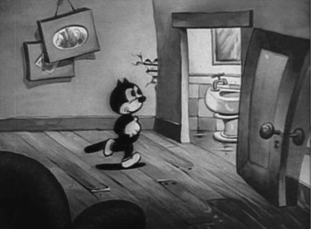 Bimbo's Express - cartoon black cat walking toward bathroom