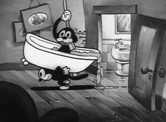 Bimbo's Express - cartoon black cat carrying full bathtub with dog bather on his back