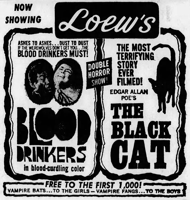 The Black Cat - advertisement for double feature with Blood Drinkers