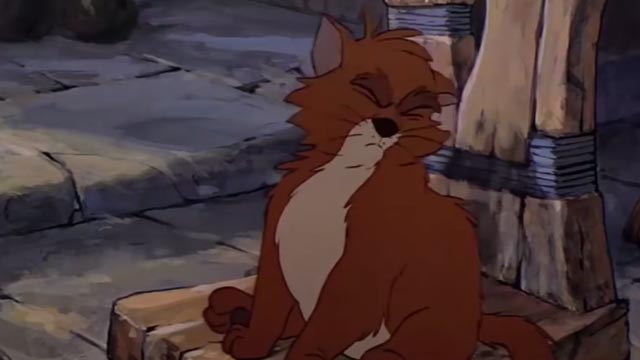 The Black Cauldron - orange and white Cat sitting on chair looking disgusted