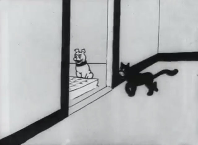 Bobby Bumps' Fight - a cartoon black cat approaches doorway where bulldog Fido is standing