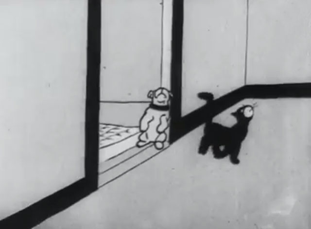 Bobby Bumps' Fight - a cartoon black cat walking away with nose in air after punching bulldog Fido