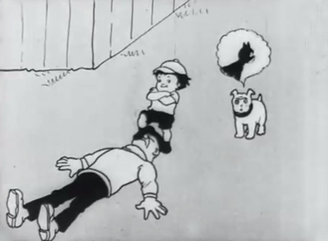 Bobby Bumps' Fight - Bobby standing over prostate bully as bulldog Fido thinks about black cat