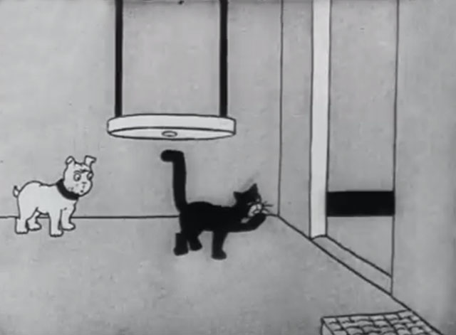 Bobby Bumps' Fight - a cartoon black cat standing under punching bag frame with bulldog Fido