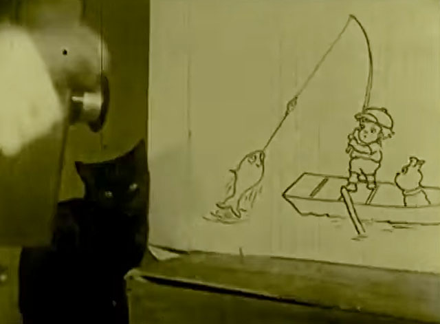 Bobby Bumps Fresh Fish - black cat sitting with Bobby and Fido fishing