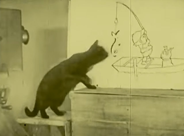 Bobby Bumps Fresh Fish - black cat standing up into picture with Bobby and Fido catching fish