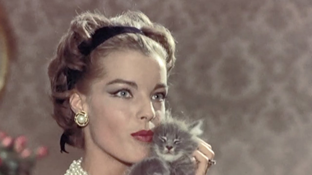 Boccaccio '70 - Il lavoro - Pupe Romy Schneider holding gray kitten to her face