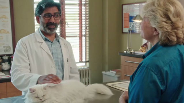 Book Club - white Persian cat Ginsburg on veterinarian Ravi Kapoor table with Sharon Candice Bergen