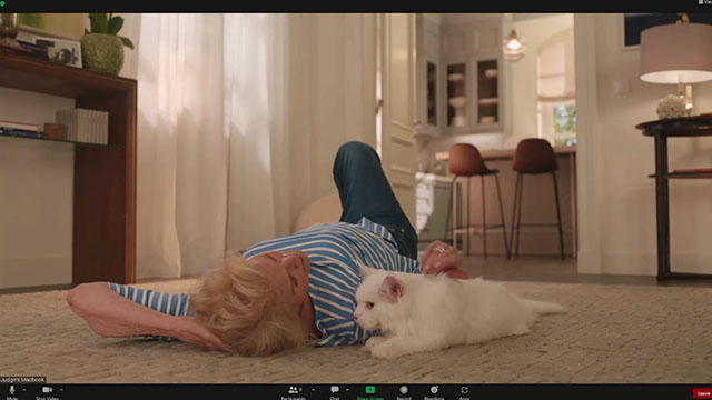 Book Club: The Next Chapter - Sharon Candice Bergen on computer call on floor petting Angora cat Ginsberg