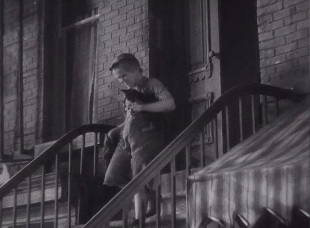 The Bowery - Swipes Jackie Cooper walking down steps with bicolor tabby kitten