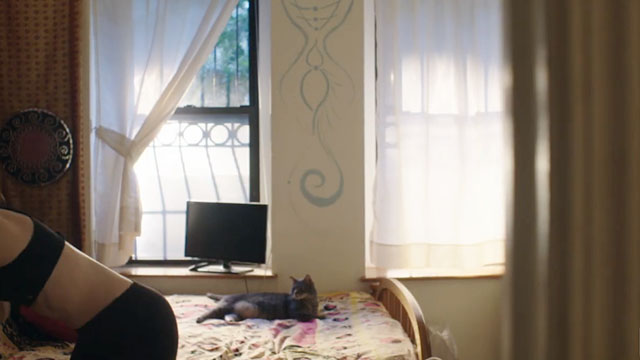 The Bracket Theory - brown tabby cat lying on bed with Lucy Meghann Fahy nearby