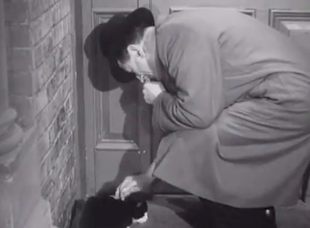 Burnt Evidence - Alf Quinney Cyril Smith petting tuxedo cat on doorstep