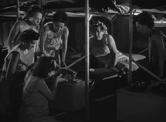 Caged - Marie Allen Eleanor Parker giving tiny tabby kitten milk Fluff on foot locker surrounded by female inmates