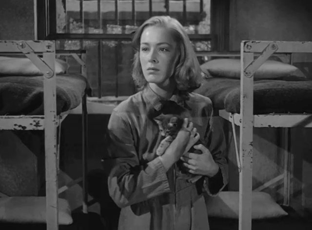 Caged - Marie Allen Eleanor Parker  defiantly holding tiny tabby kitten Fluff