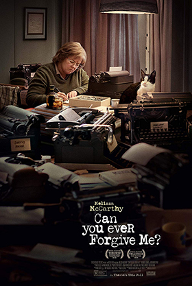 Can You Ever Forgive Me? - poster for movie with Lee Israel Melissa McCarthy and tuxedo cat Jersey Towne