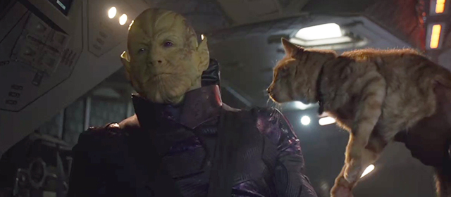 Captain Marvel - Nick Fury holding up ginger tabby cat Flerken Goose to Talos Ben Mendelsohn