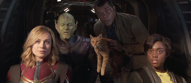 Captain Marvel - Nick Fury Samuel L. Jackson holding ginger tabby cat Flerken Goose with Talos Ben Mendelsohn Danvers Brie Larson and Maria Lashana Lynch