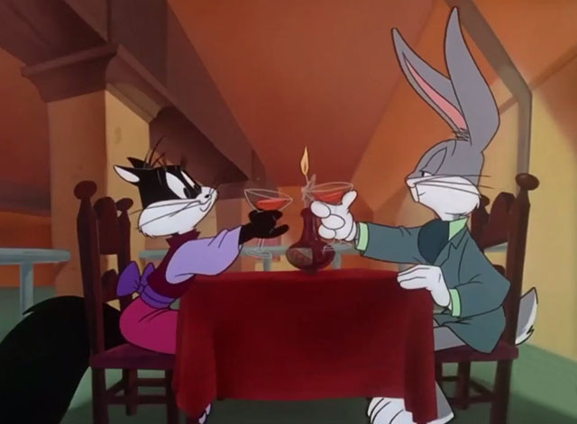 Carrotblanca - Rick Bugs Bunny toasting with Kitty Ketty Penelope in restaurant