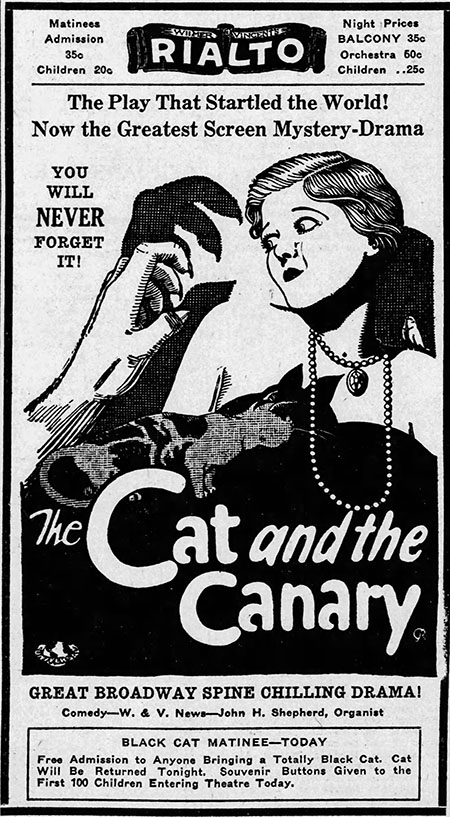 The Cat and the Canary - newspaper ad for Rialto screening of film with black cat contest