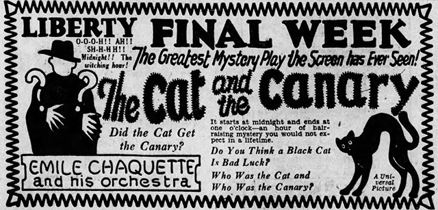 The Cat and the Canary - newspaper ad for screening of film at Liberty