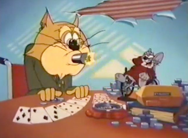 Cat and Mouse at the Home - aging Cat with bomb in mouth and Mouse cartoon laughing