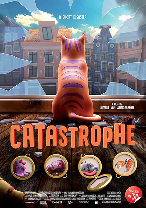 Catastrophe - orange cartoon cat Rodney in window on movie poster for short film