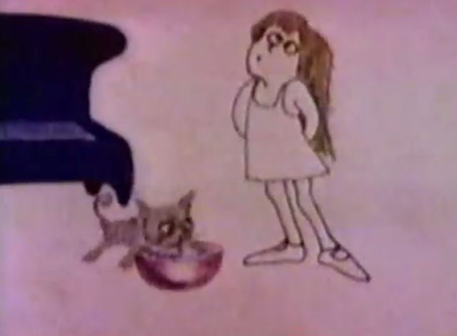 Catch the Kitty - little girl moving closer to gray kitten drinking milk