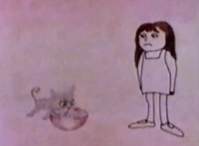 Catch the Kitty - sad little girl watches gray kitten drink milk