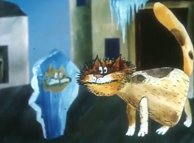 Cat Chorus - Кошачий концерт - yellow and brown cartoon cat looking at ice mirror