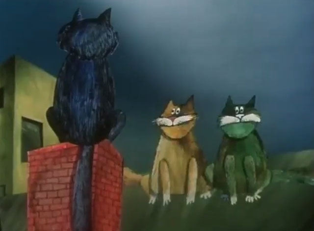 Cat Chorus - Кошачий концерт - black and white, yellow and brown and green cartoon cats sitting on rooftop
