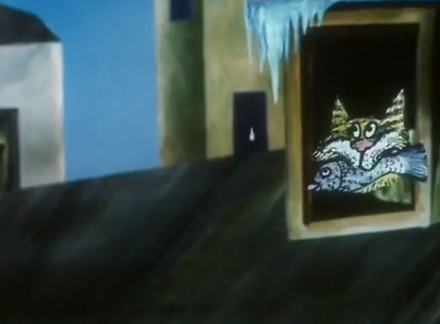 Cat Chorus - Кошачий концерт - tabby cartoon cat with fish in mouth looking out window