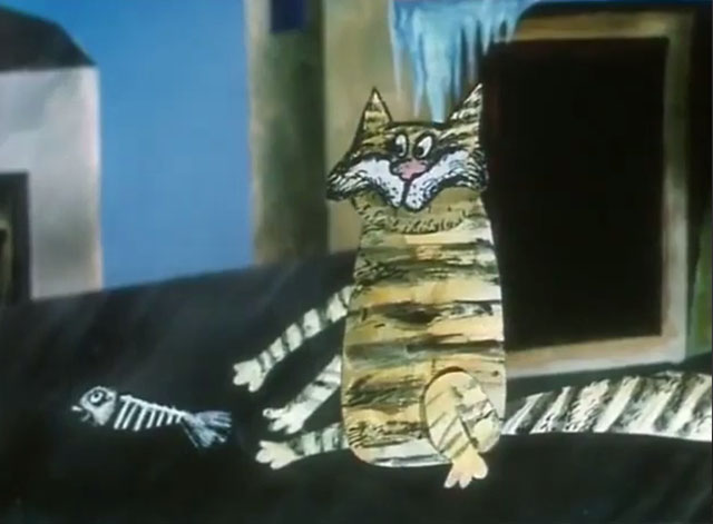 Cat Chorus - Кошачий концерт - tabby cartoon cat on rooftop with fish bone
