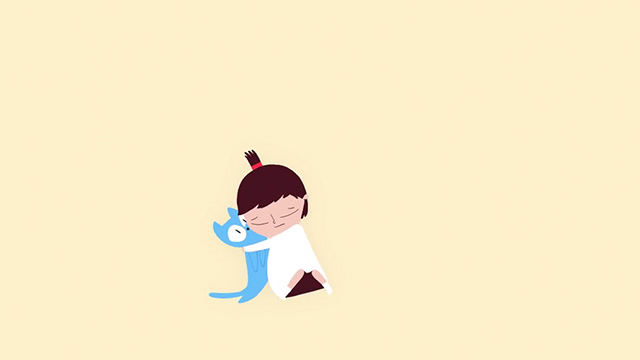 Catherine - sad cartoon little girl Catherine hugging blue kitten