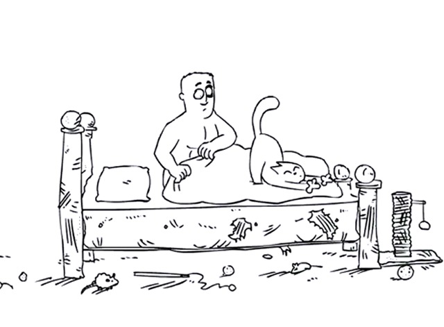 Cat Man Do - Simon's Cat stretching on Simon's bed