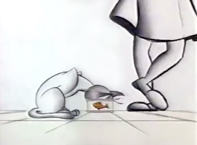 Cat's Can - animated cat with head on can of cat food at feet of woman