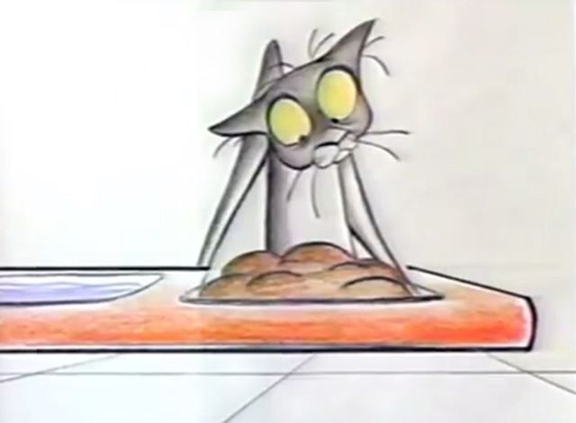Cat's Can - exhausted animated cat looks down at cat food in bowl