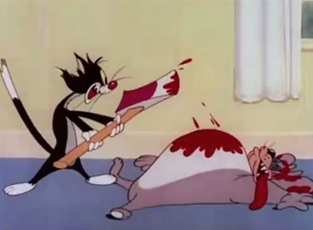 The Cat That Hated People - cartoon black cat holding axe with bulldog playing dead covered in ketchup